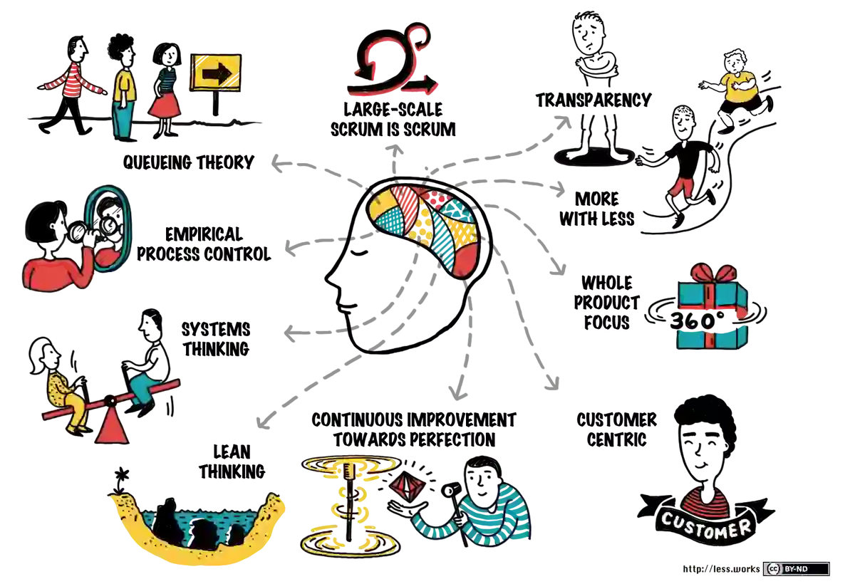 (Principles of Large Scale Scrum (LeSS) Company, showing a range of disciplines and research areas for team performance)